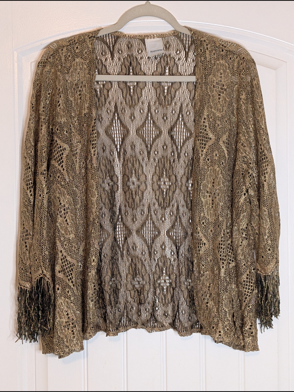 Vintage Roaman's Gold Metallic Open Front 3/4 Sleeve Cardigan Lace Shrug Jacket